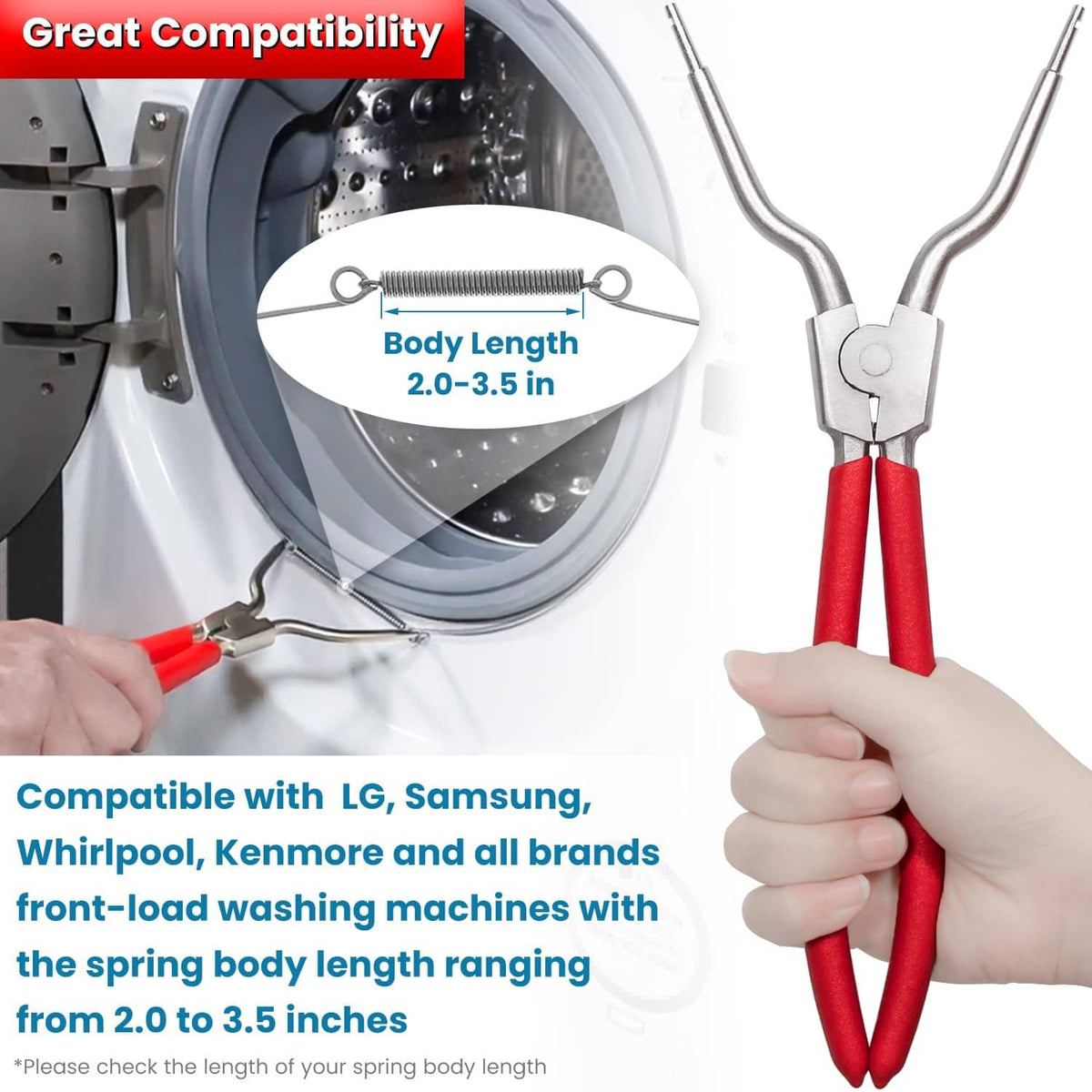 Washing machine spring expansion tool held in hands, red handles and silver clamp frame