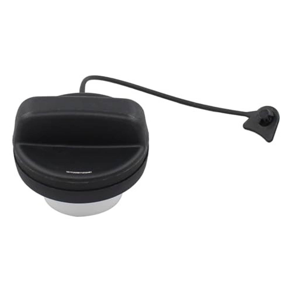 Black fuel tank filler cap with tether strap and small end fastener