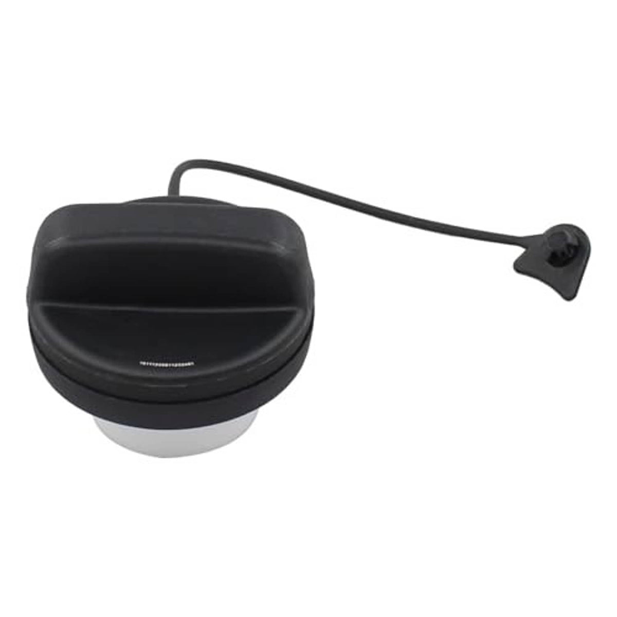 Black fuel tank filler cap with tether strap and small end fastener