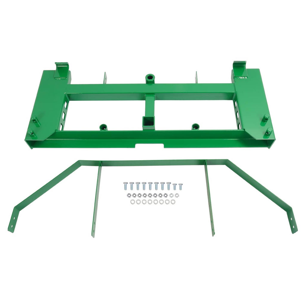 Green pallet fork frame with hardware kit shown below on white background