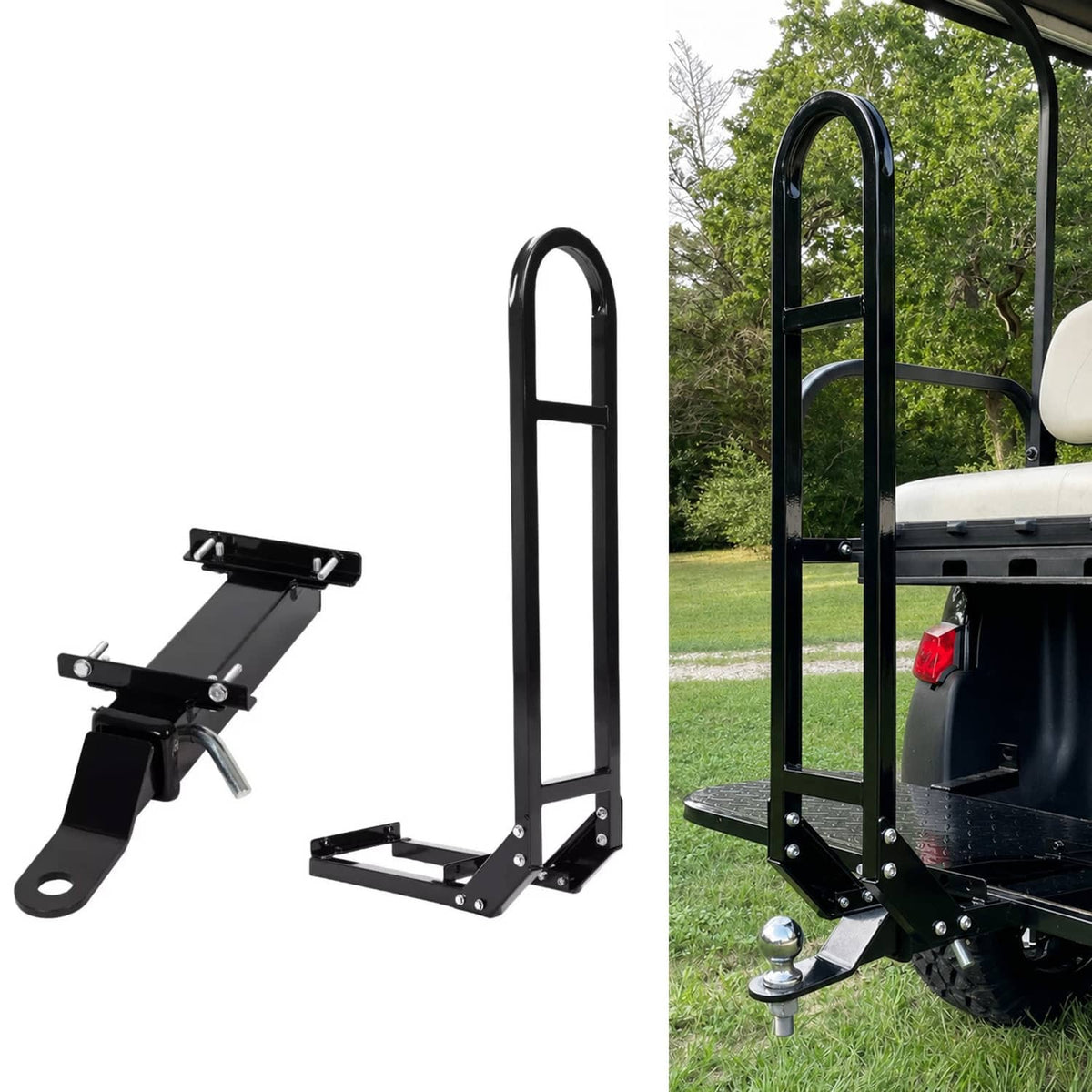 Black rear safety grab bar with attached footrest platform for golf cart hitch mount