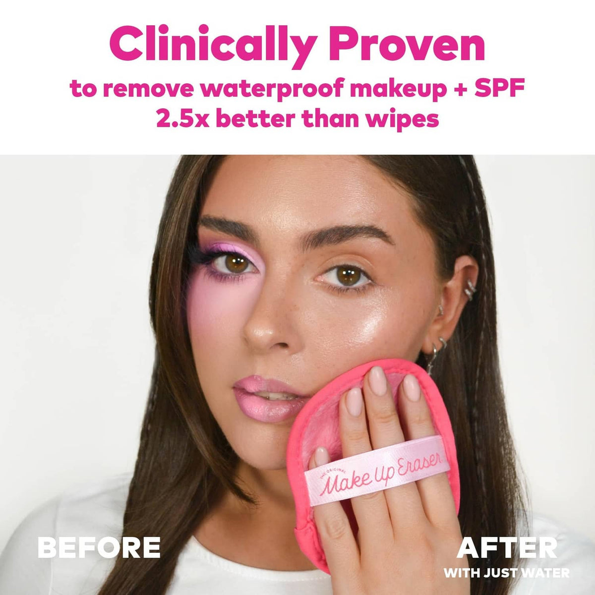 Pink round MakeUp Eraser cloth wiping makeup on face with water.