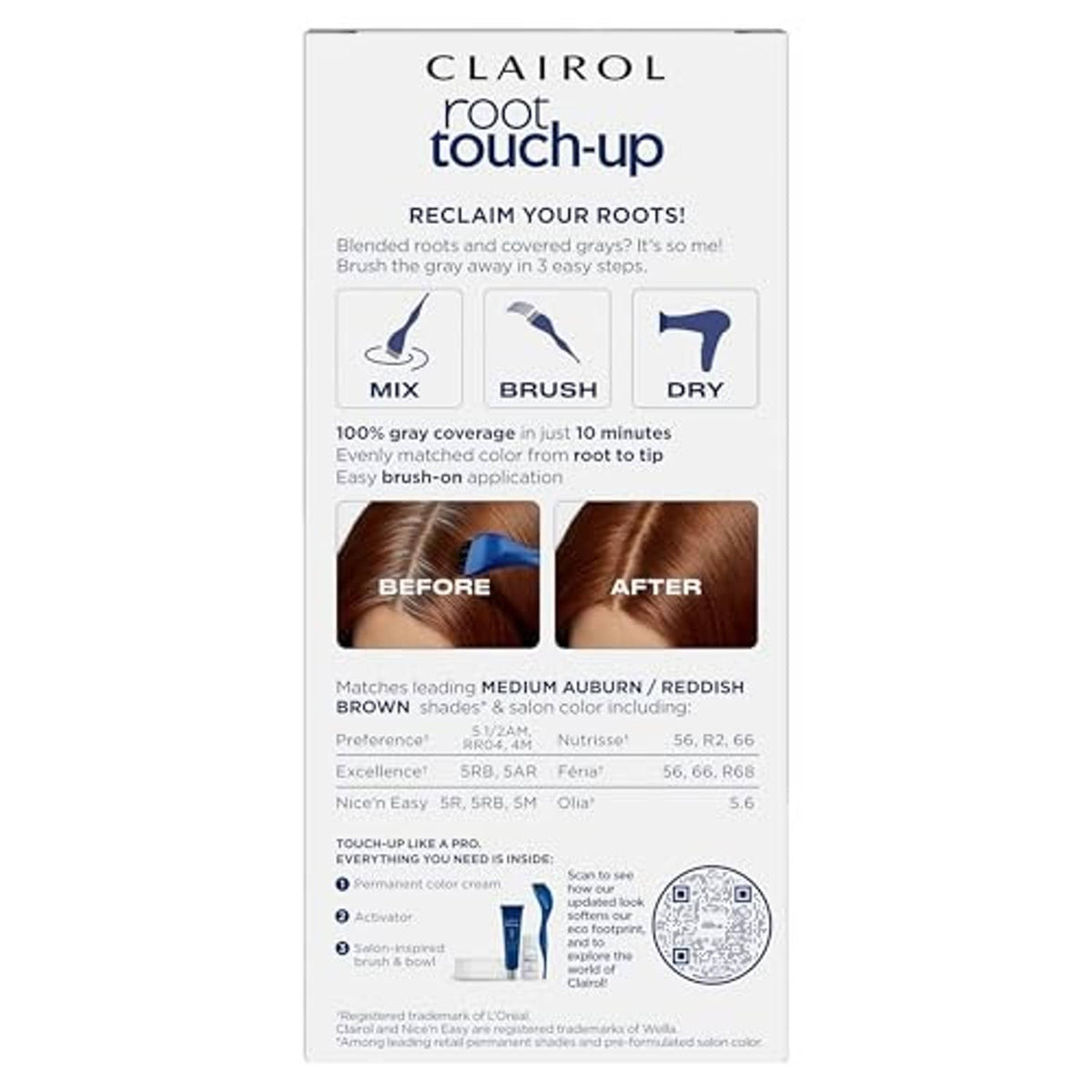 Clairol root touch-up hair dye box back with instructions and shade info