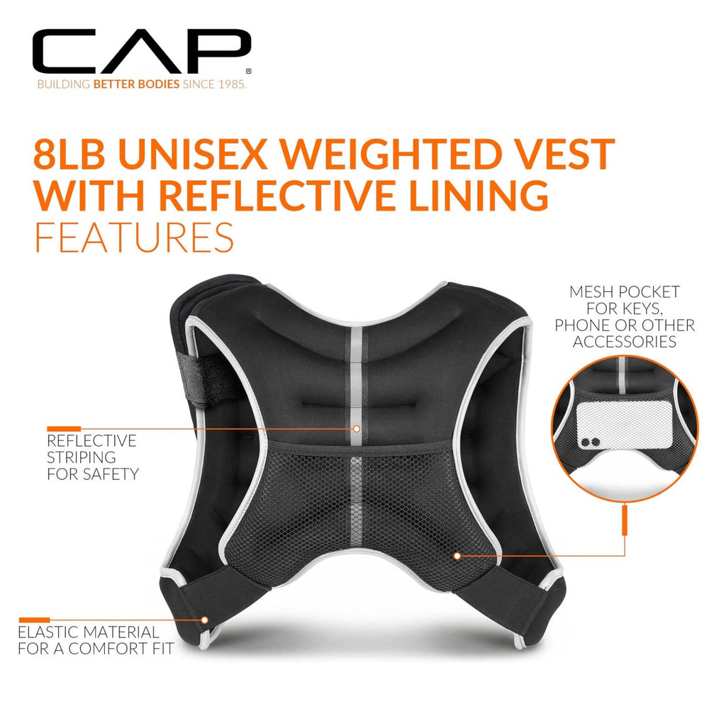 Black unisex weighted vest with reflective striping and front mesh pocket for keys