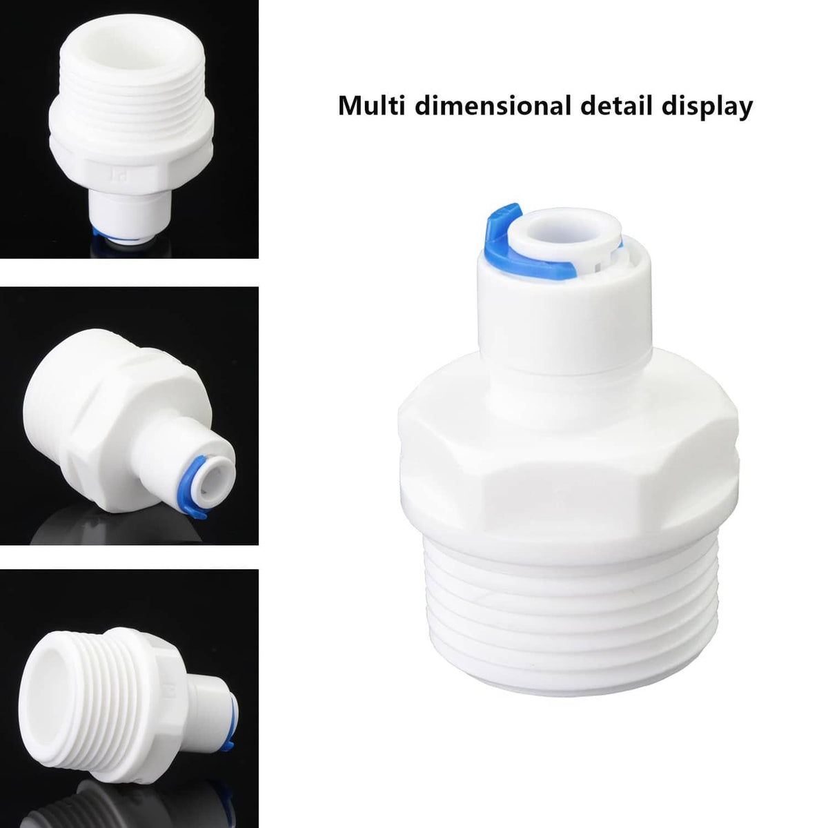 White quick-connect fitting with blue ring, side view and end-port detail