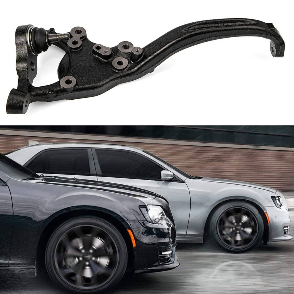 Steering knuckle with ball joint and curved arm, exposed mounting holes, black