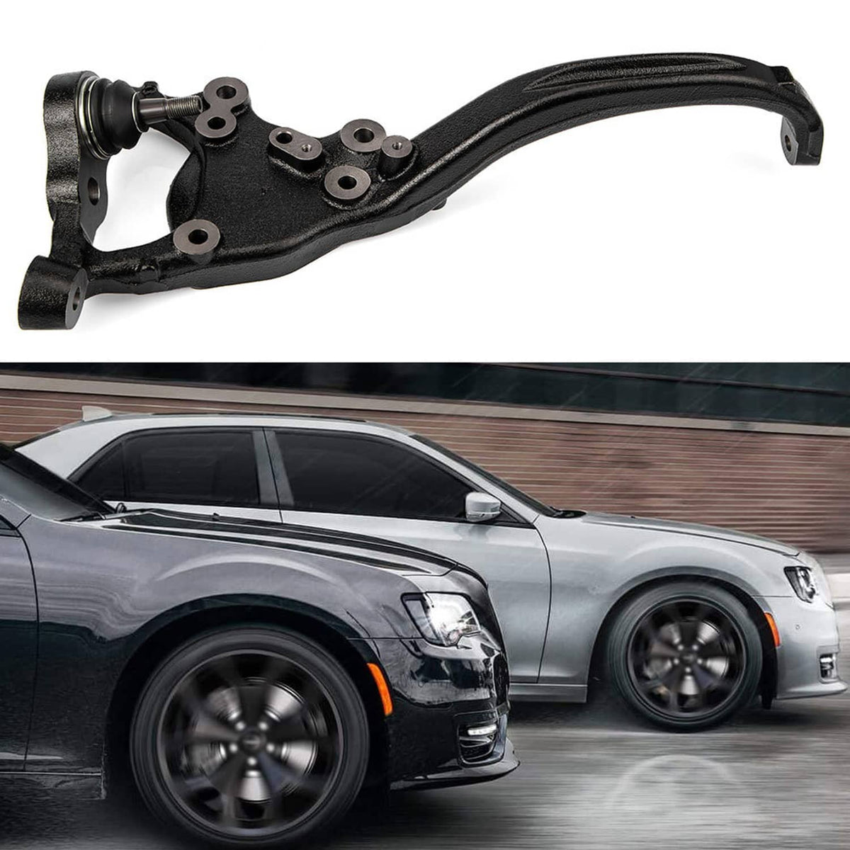 Steering knuckle with ball joint and curved arm, exposed mounting holes, black