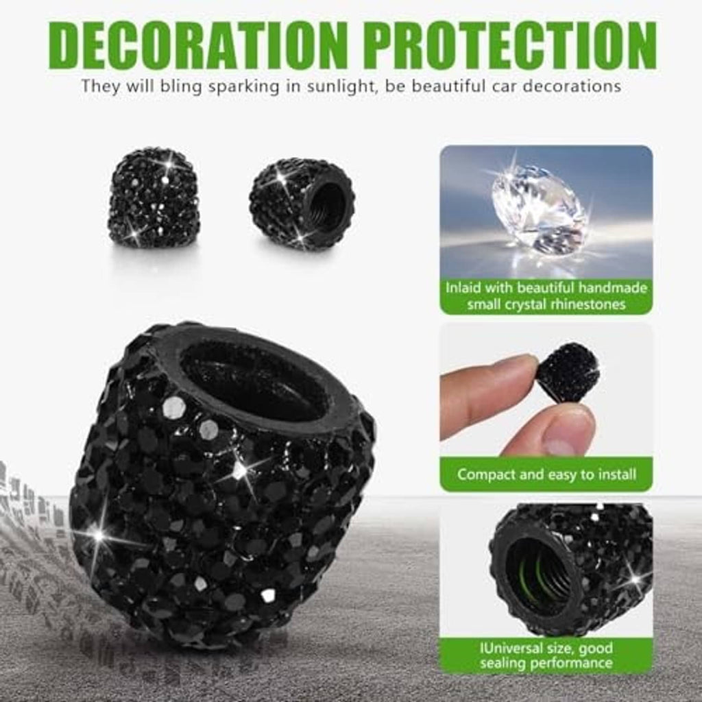 Black rhinestone tire valve stem cap, faceted crystal surface with threaded end