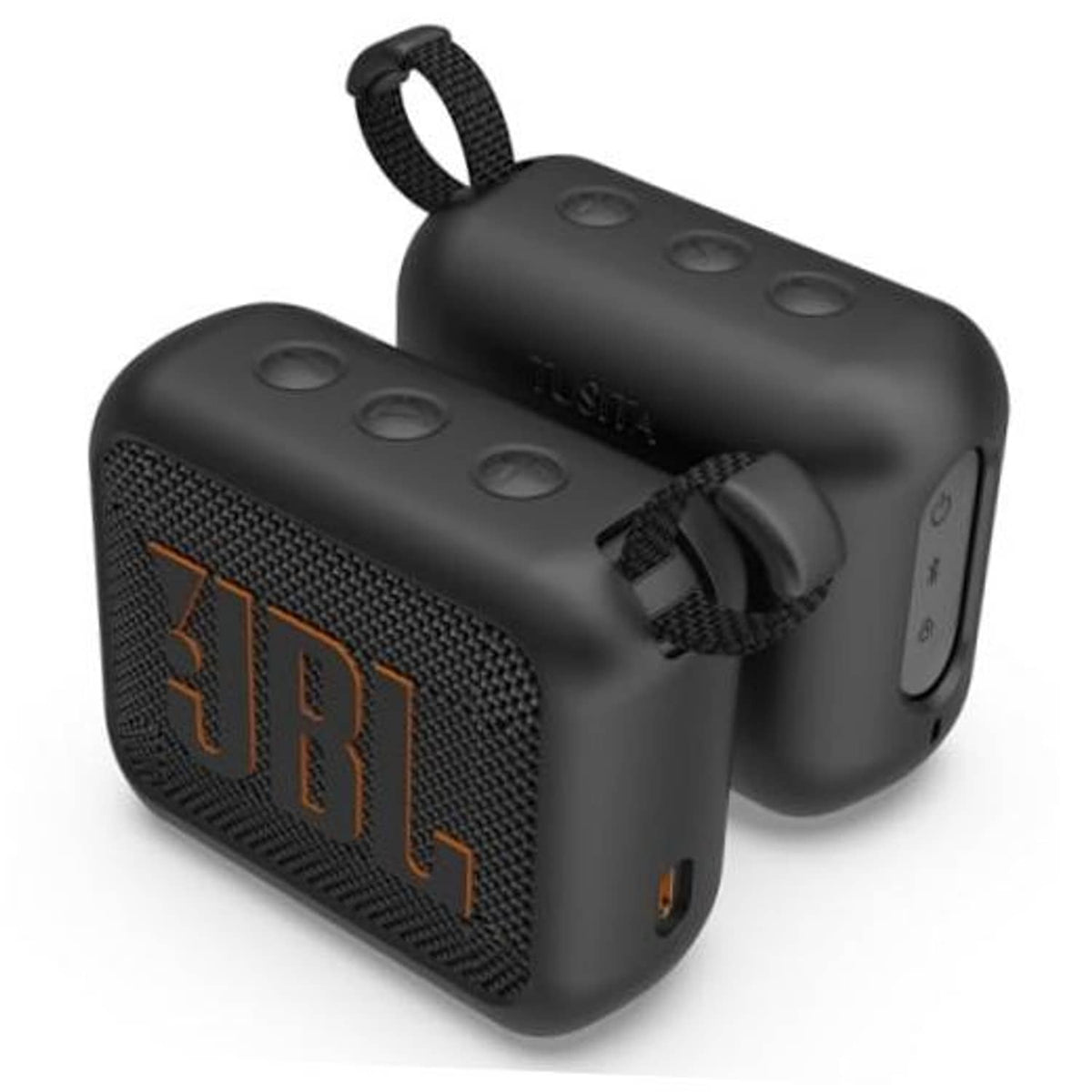 Dark silicone speaker case with strap loop and cutout ports