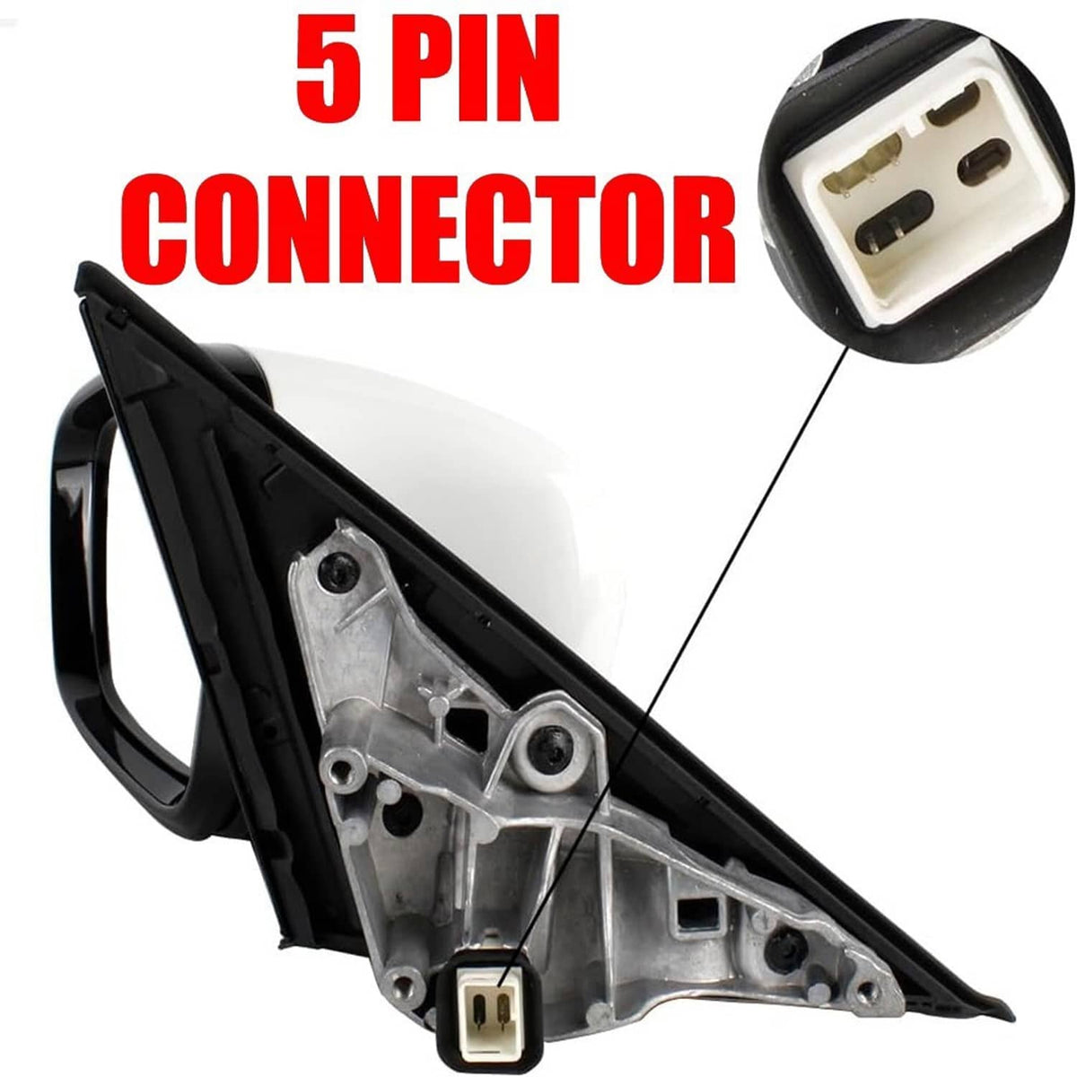 Left side mirror housing with internal 5-pin connector and mounting bracket detail