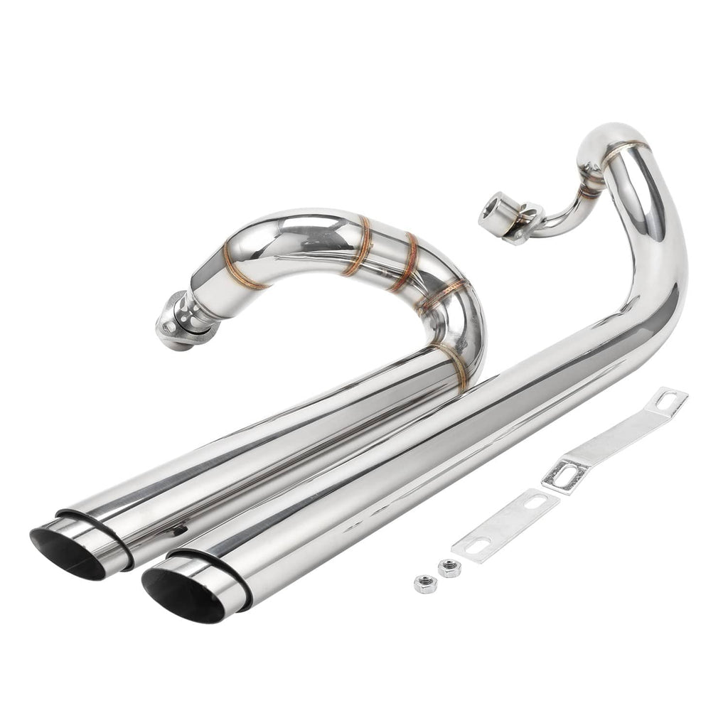 Staggered chrome exhaust pipe with two mufflers and mounting hardware for V Star 650