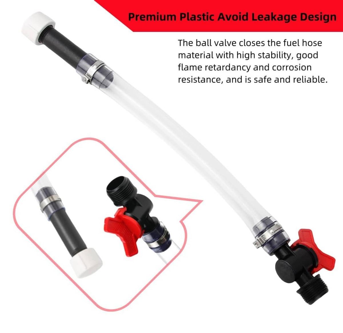 Leak-resistant fuel hose with ball valve fitting and red lever, clear tube with clamps.