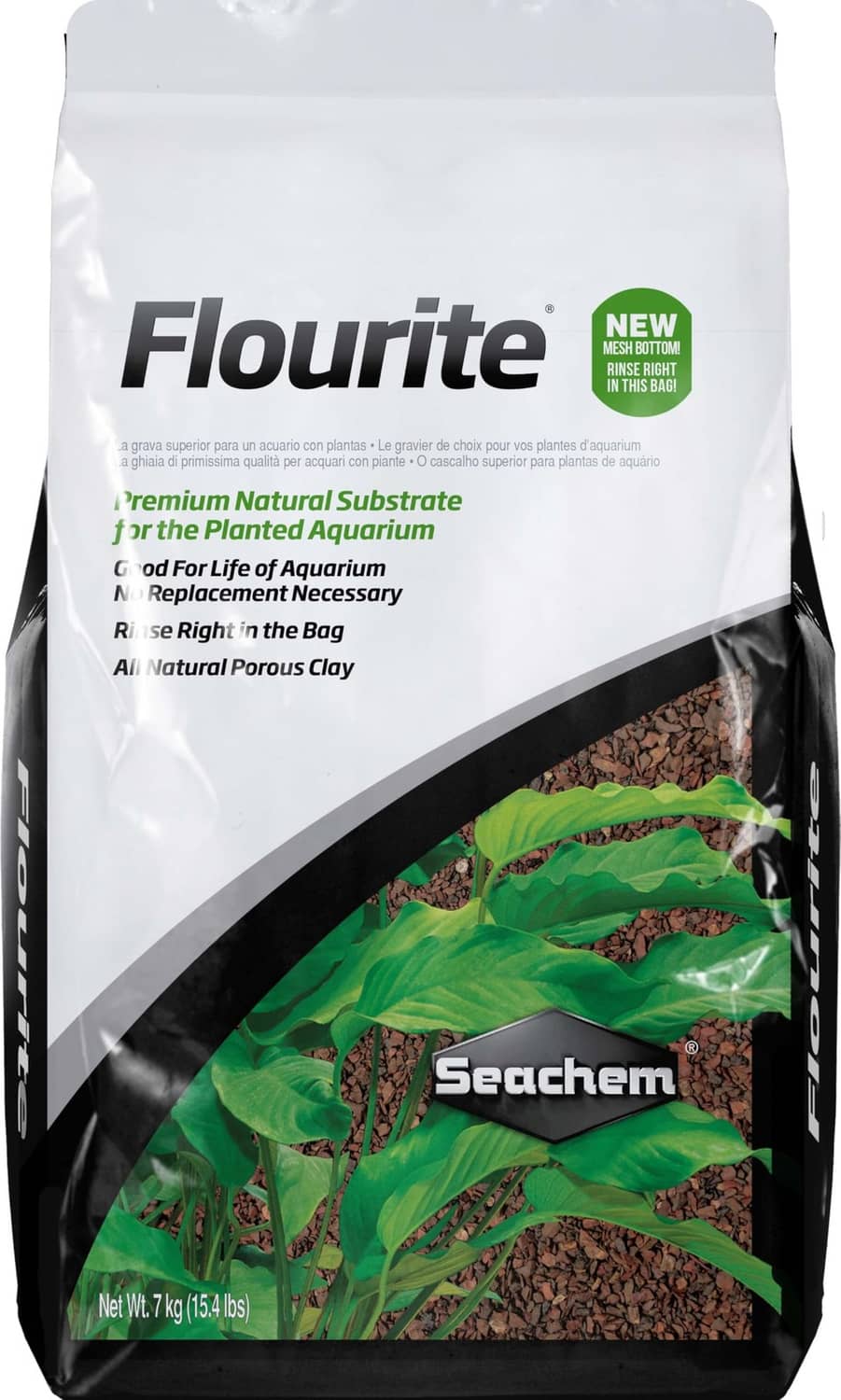 Aquarium substrate bag with white, black, and green planted-aquarium design