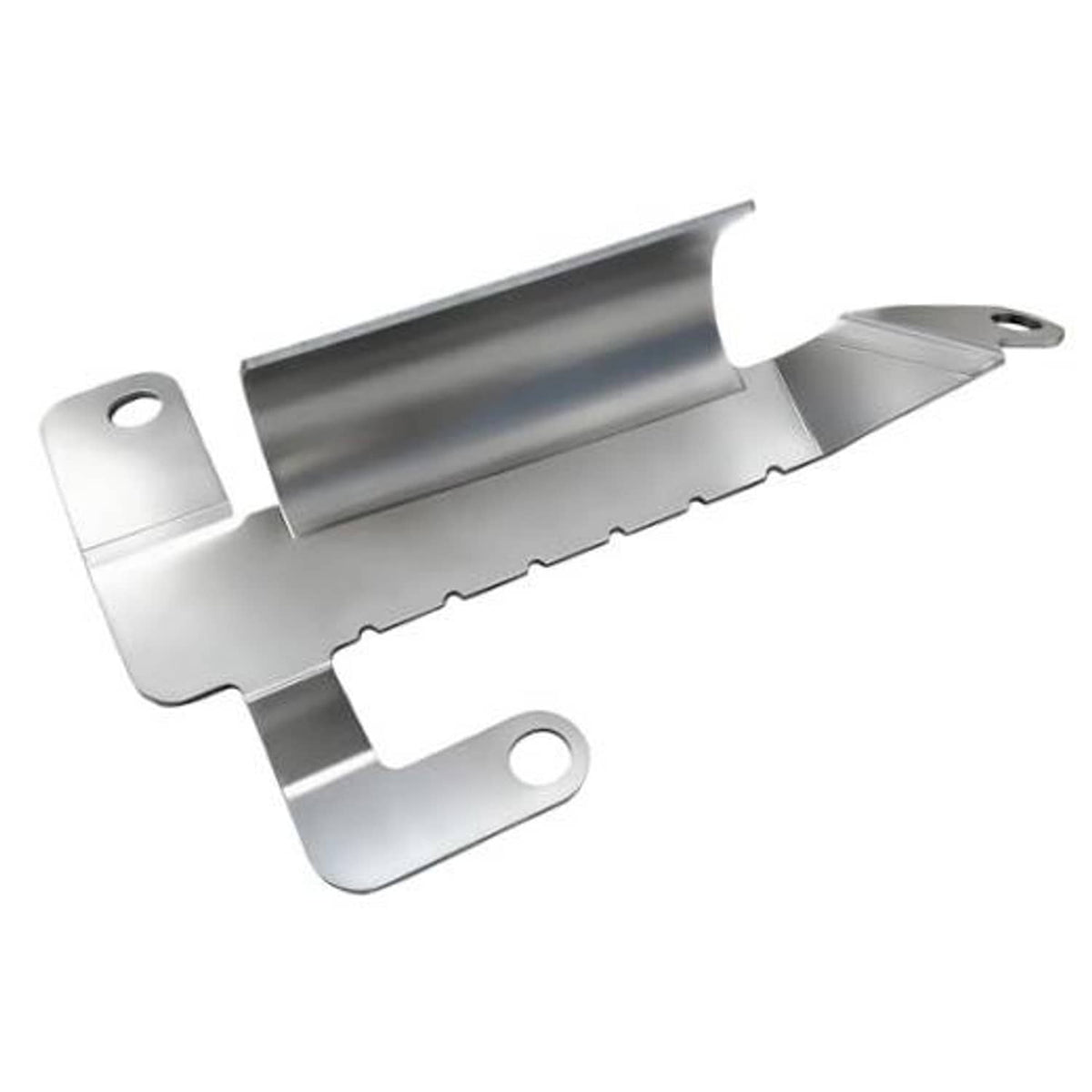 Silver metal front bumper air deflector shield with mounting holes and curved edge