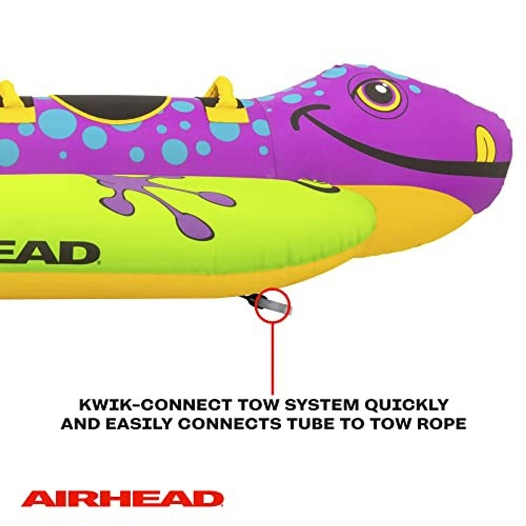 Purple and green towable tube showing Kwik-Connect rope attachment system point