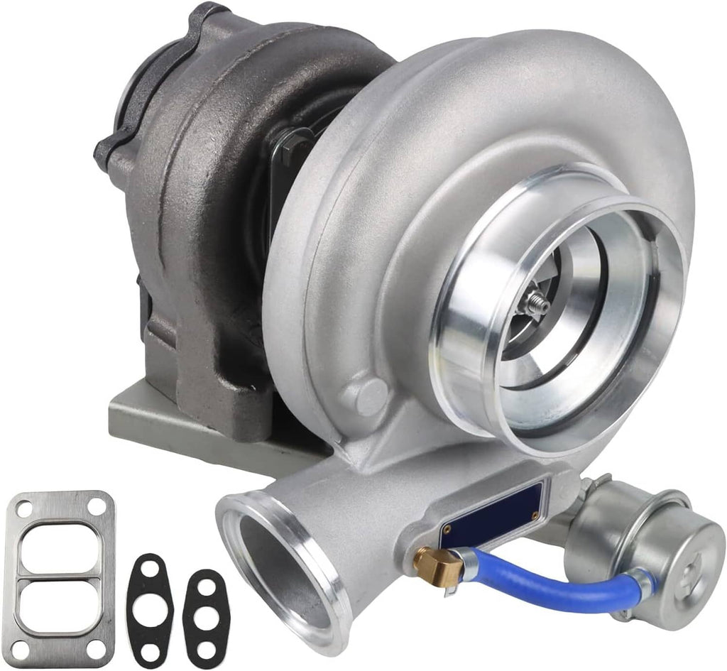 Turbocharger with silver compressor outlet and black engine-side housing, shown in side view