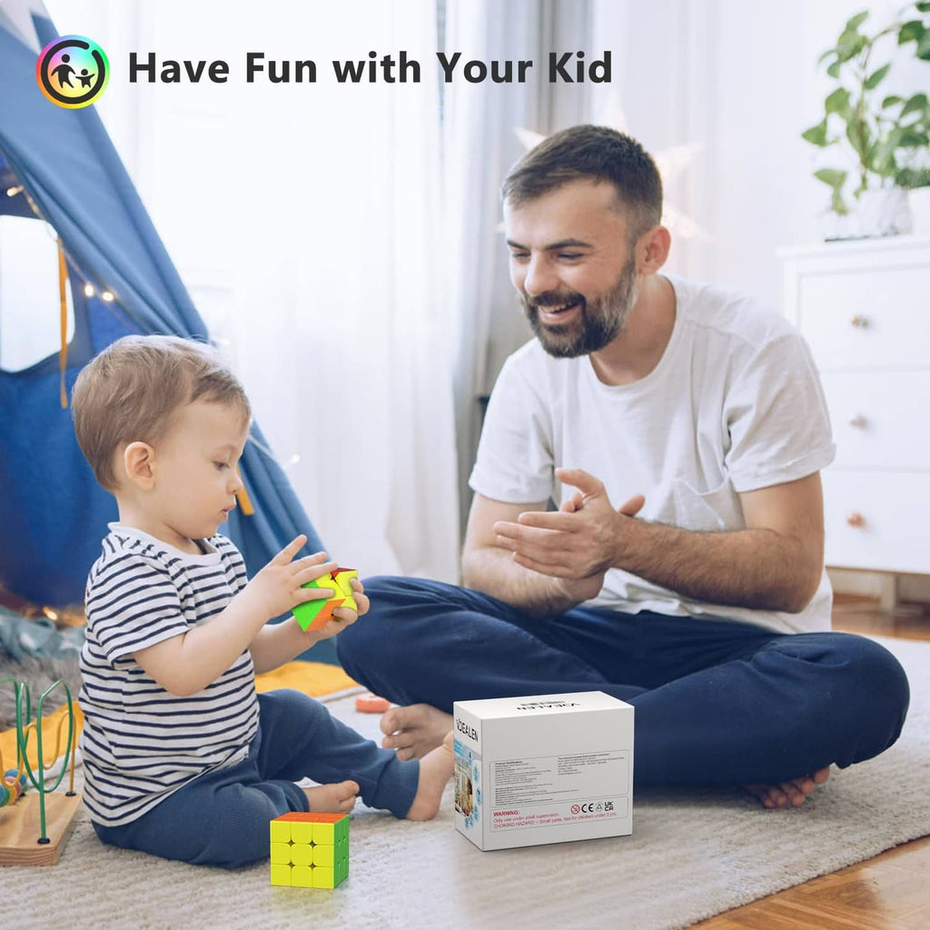 Child and parent playing with a multicolor speed cube set on a living room floor