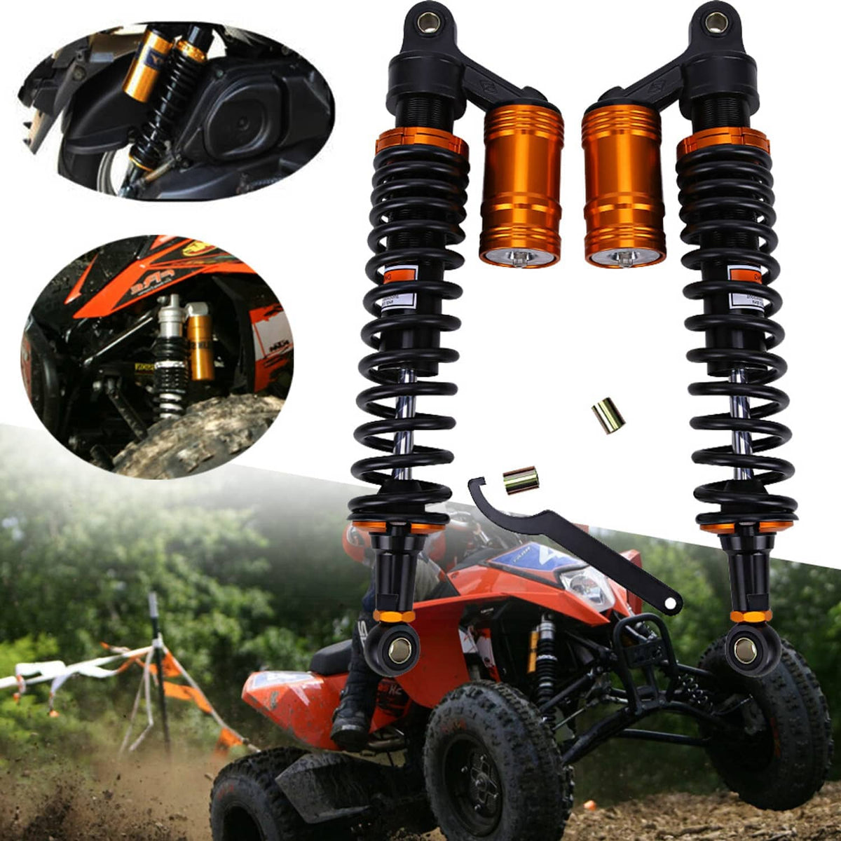 Pair of air shock absorbers, black springs with orange-gold and black mounting brackets
