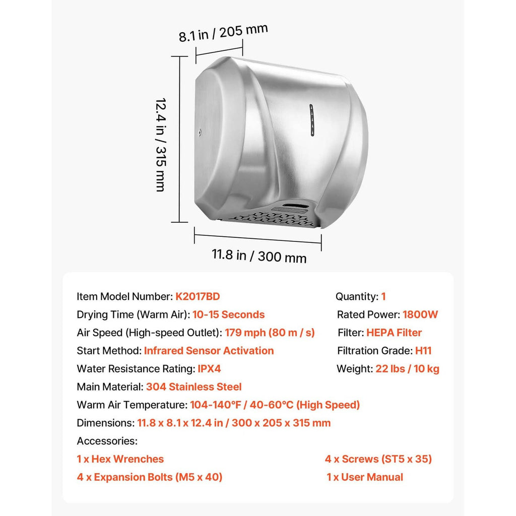 Brushed stainless steel hand dryer with front vent, shown with size dimensions