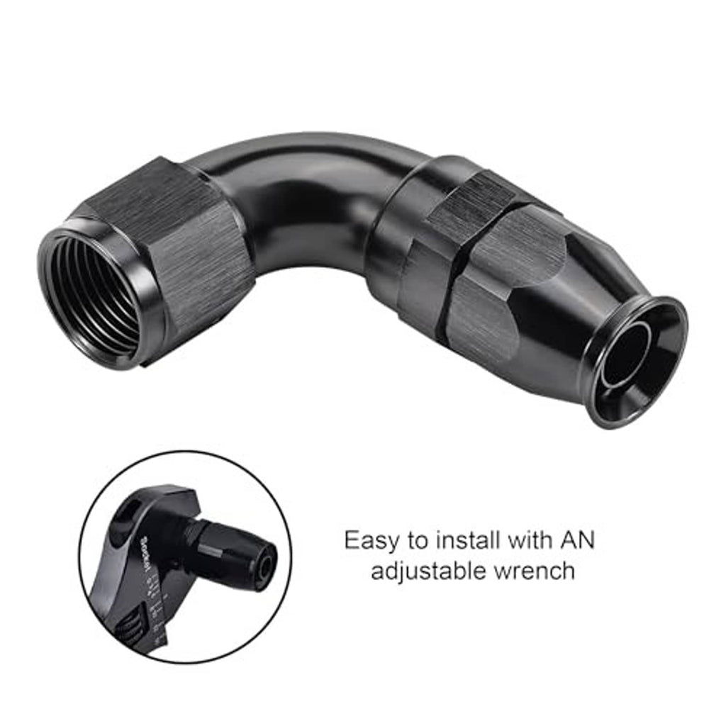 Black 90-degree AN elbow fitting with male threads and curved connector body