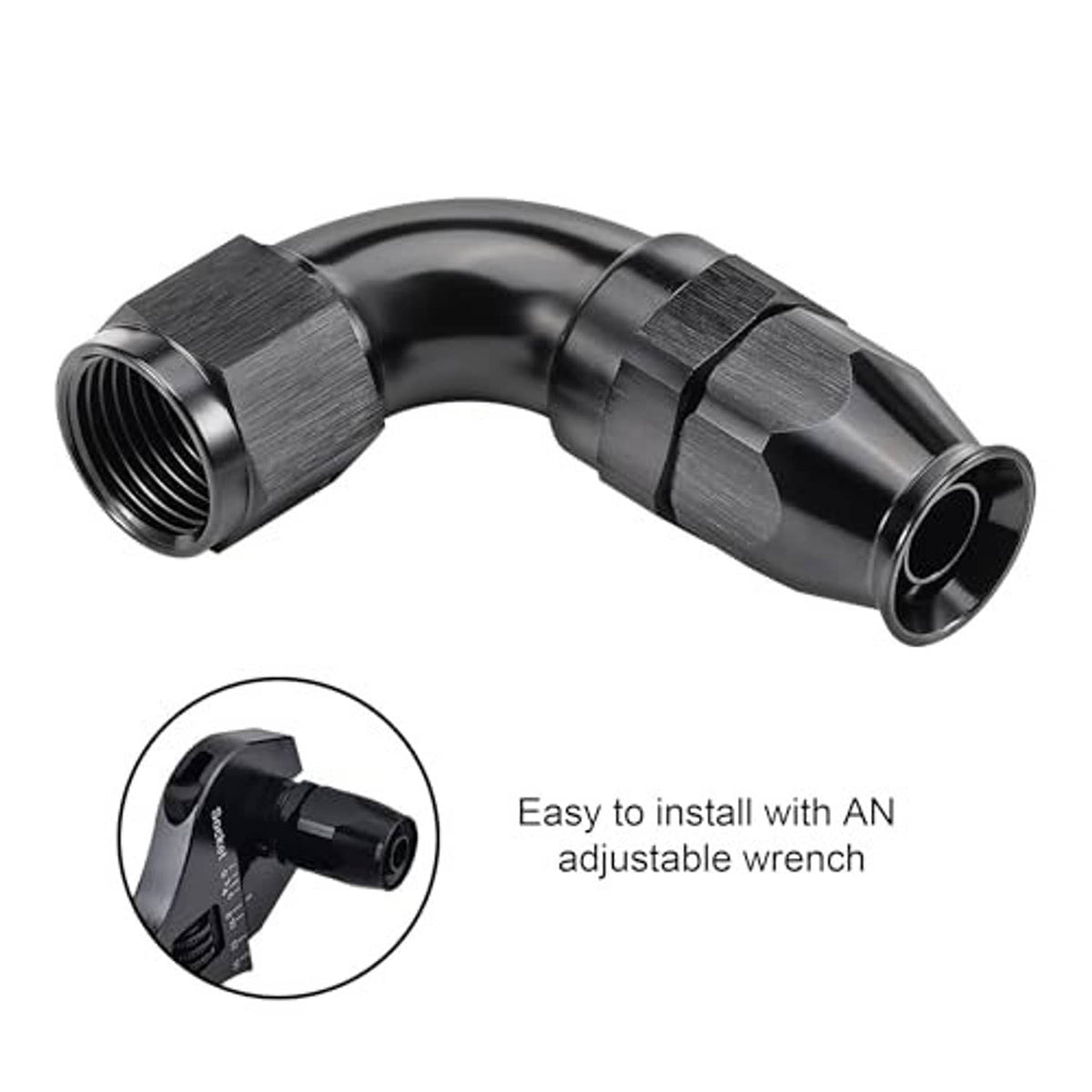 Black 90-degree AN elbow fitting with male threads and curved connector body