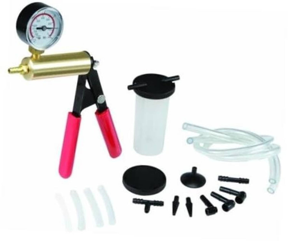 Handheld vacuum pump test set with brake bleeder kit, shown with gauge, tubes, and fittings