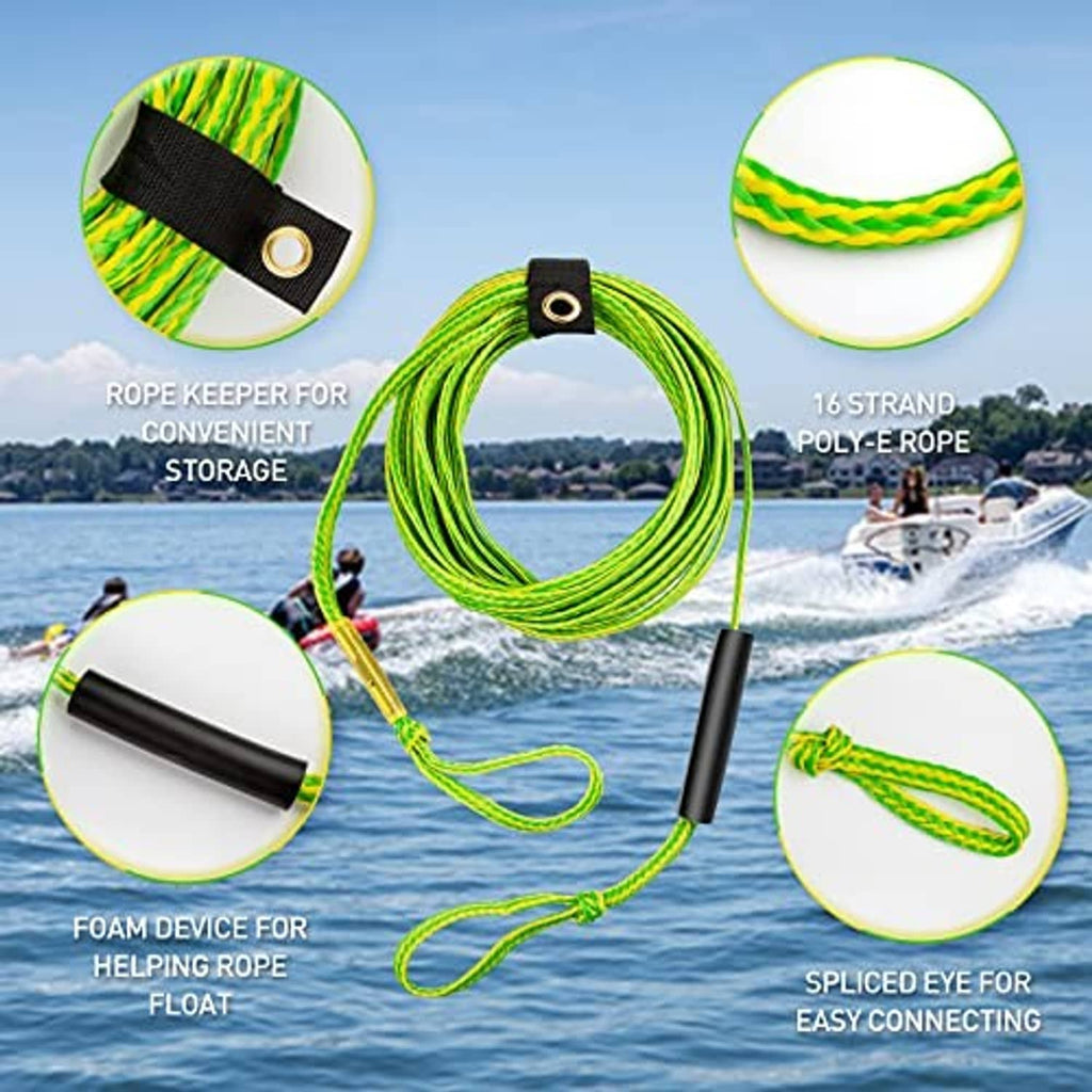 Bright green tow rope kit with black rope keeper strap, foam float, spliced eye