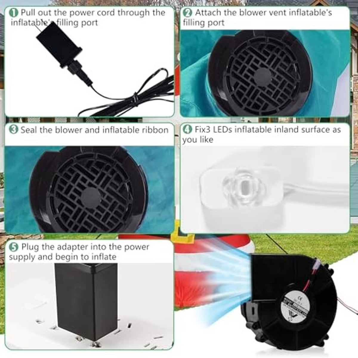 Inflatable fan blower setup with adapter, vent connection, and LED inner light ring