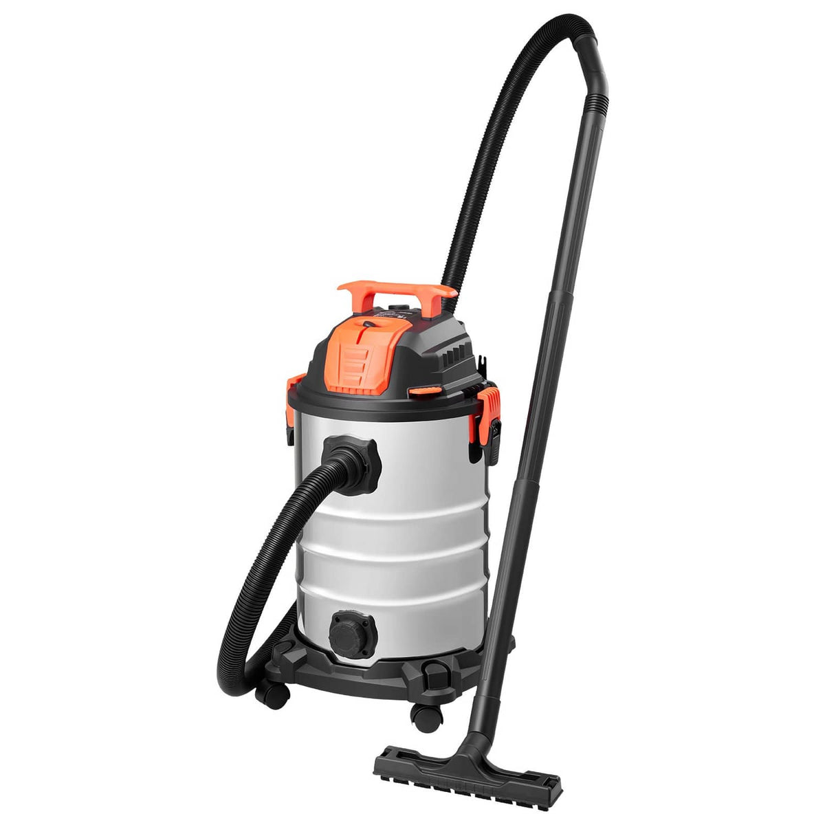 Wet/dry vacuum cleaner with tall hose, floor brush, orange handle, and silver tank