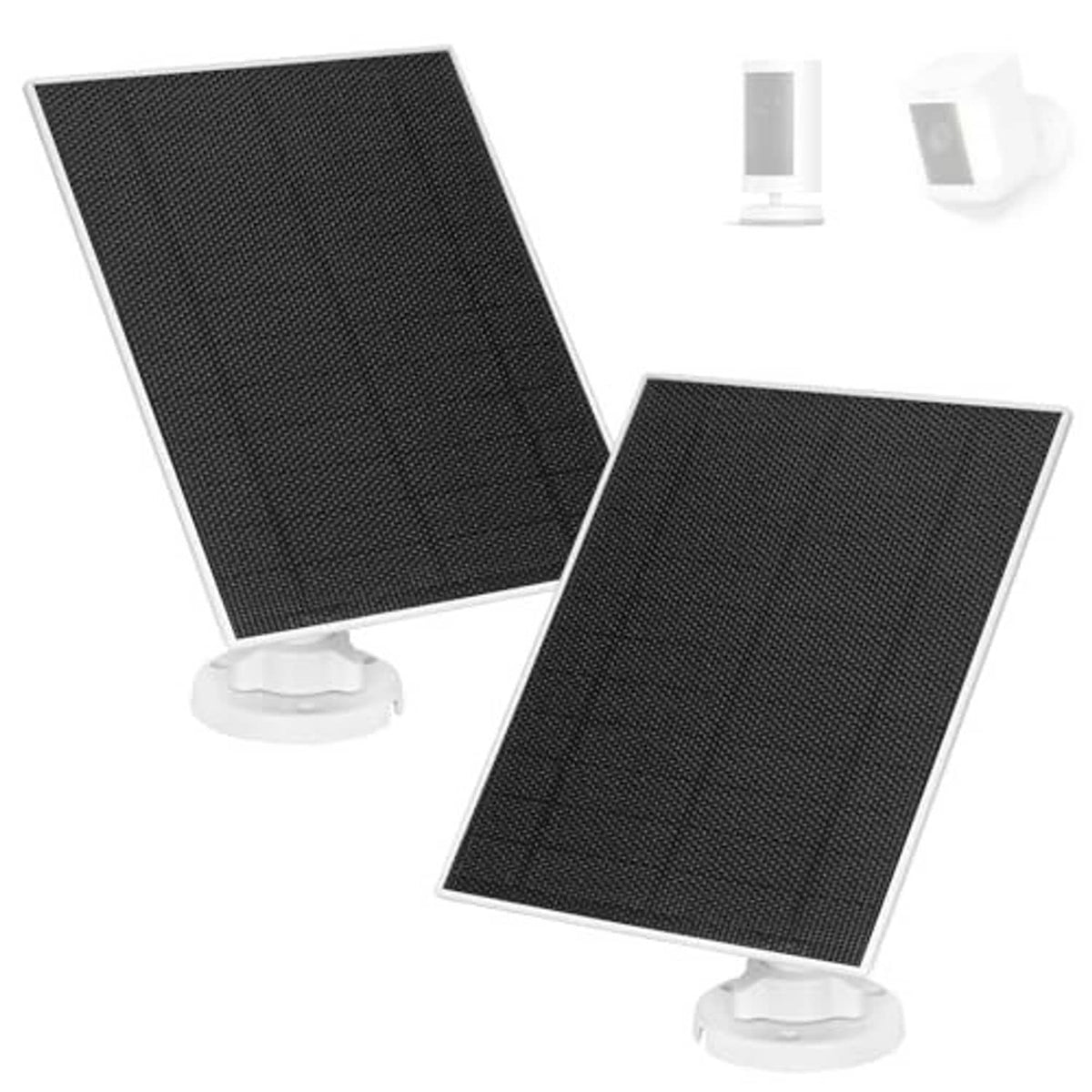 Two black solar panels with white wall mounts for Ring security camera