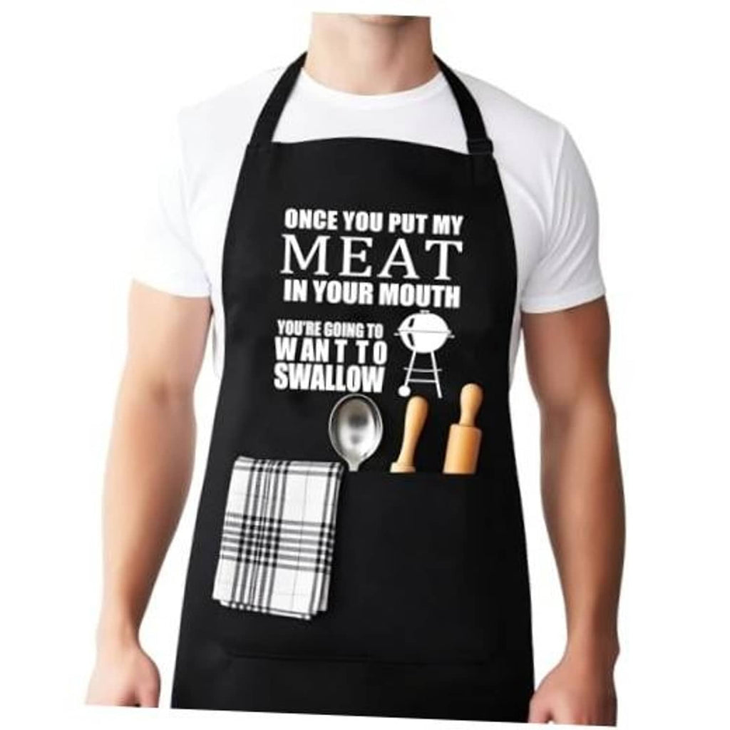 Black grilling apron with adjustable straps, front pocket, humorous meat quote