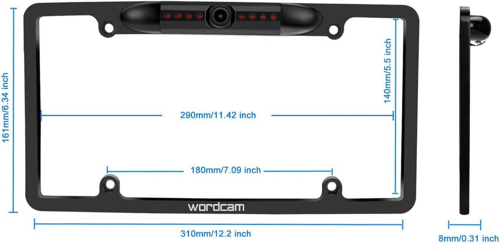 Universal license plate camera frame with size measurements and mounting holes