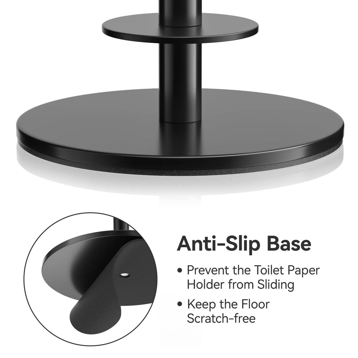 Matte black toilet paper stand with wide anti-slip round base and center pole