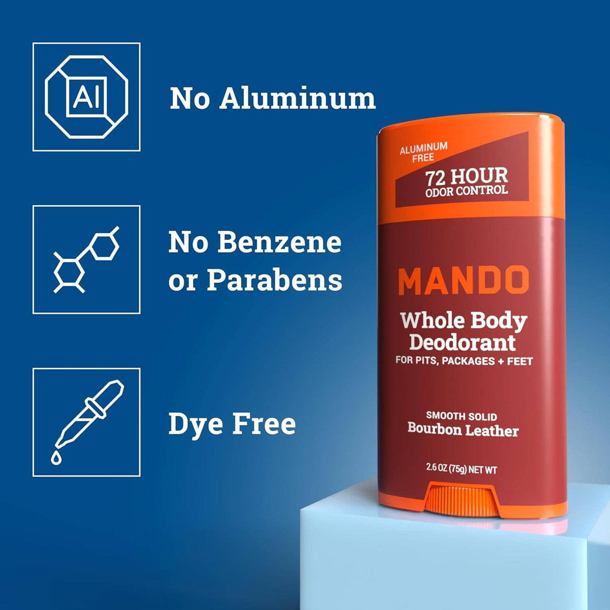 Mando whole body deodorant stick with no aluminum, no benzene, dye-free claims