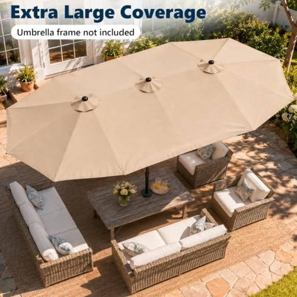 Beige large patio umbrella canopy with three grommet vents