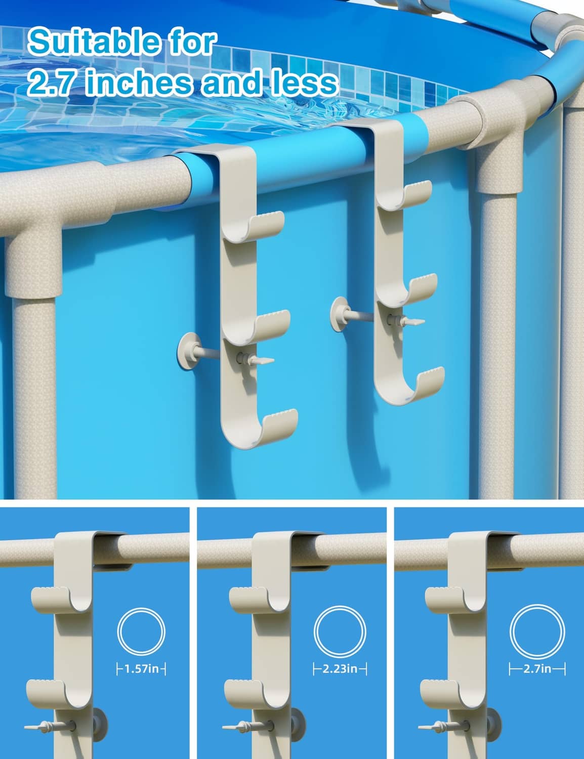 Three adjustable hooks on a white pool hanger for above-ground pool rails