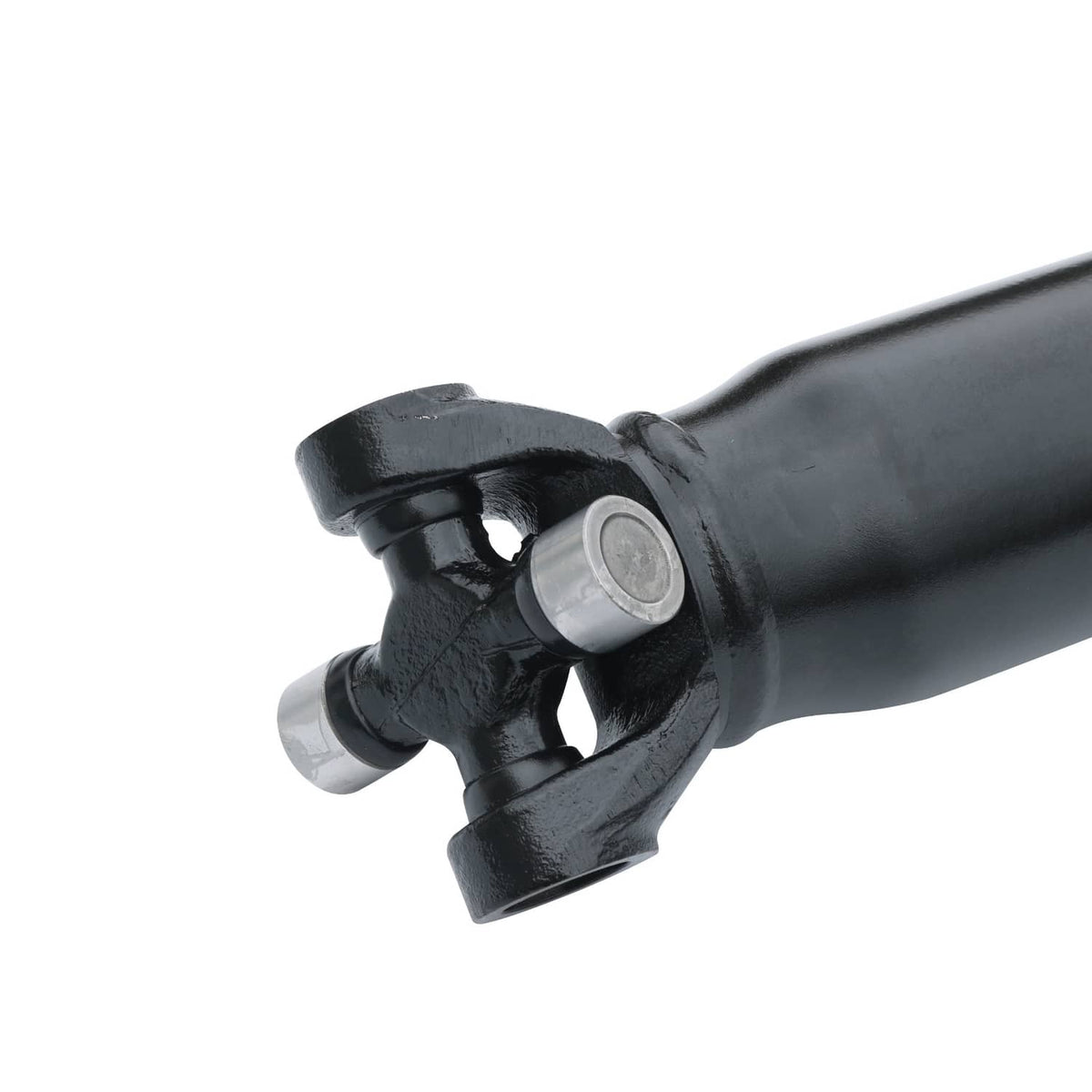 Black prop shaft joint with fork, circular bushing, and silver cross end
