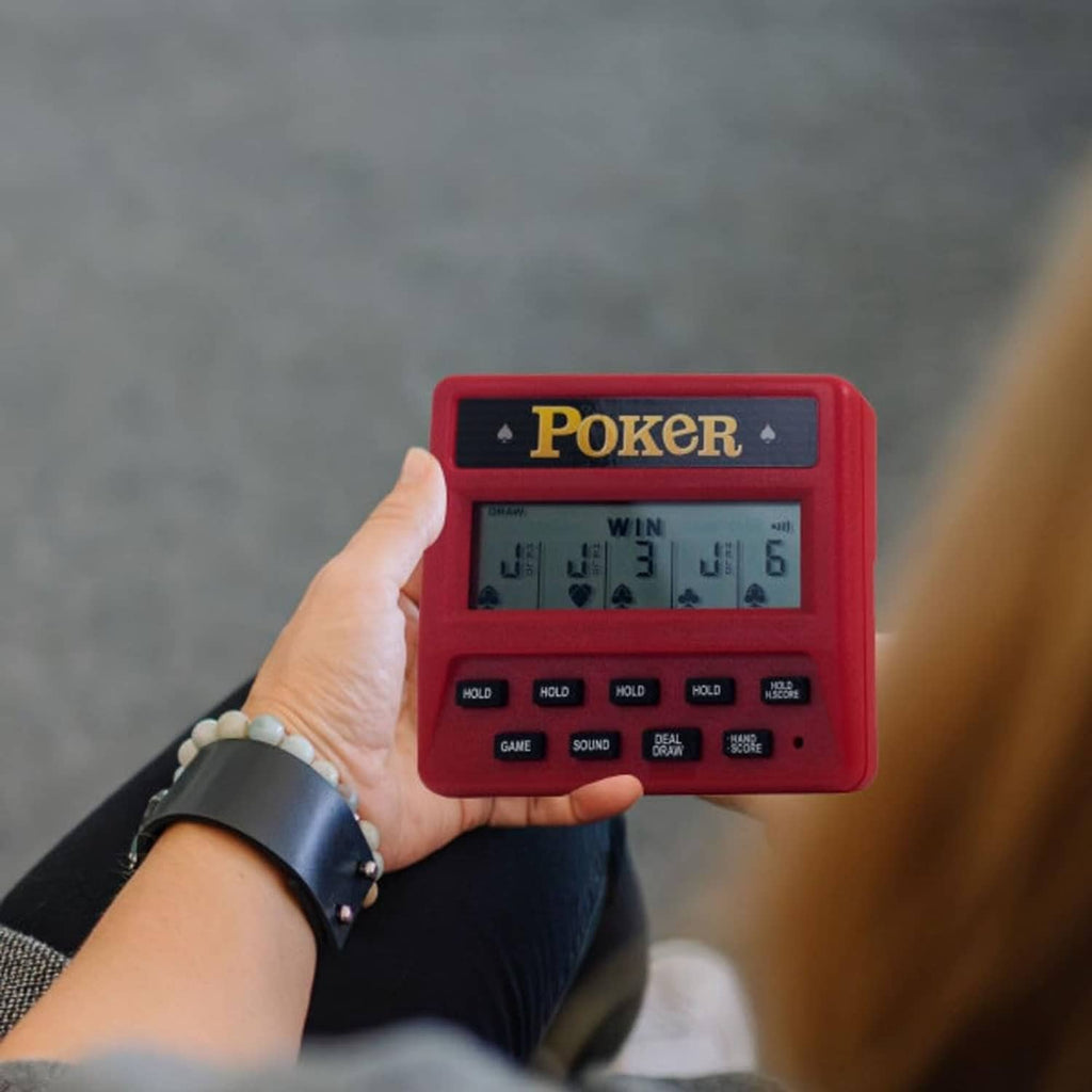 Red pocket poker game in hand with LCD screen and hold buttons visible.