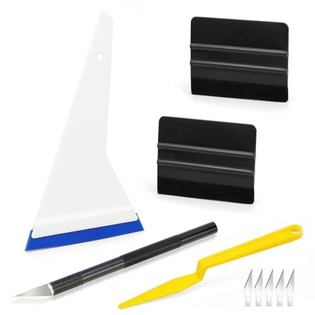 Car tint tool kit with blue-edged plastic squeegee, black utility cutter, yellow tool.
