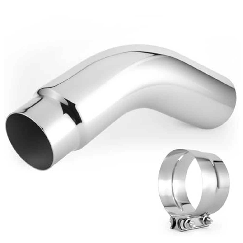Silver universal exhaust elbow pipe tip with black inner outlet, curved 135-degree shape