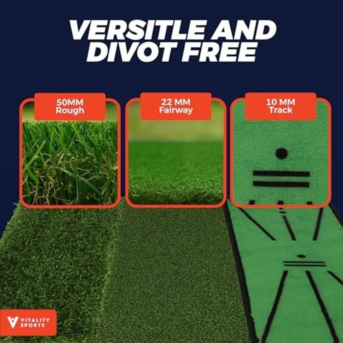 Dual-turf golf practice mat with rough, fairway, and track layers shown