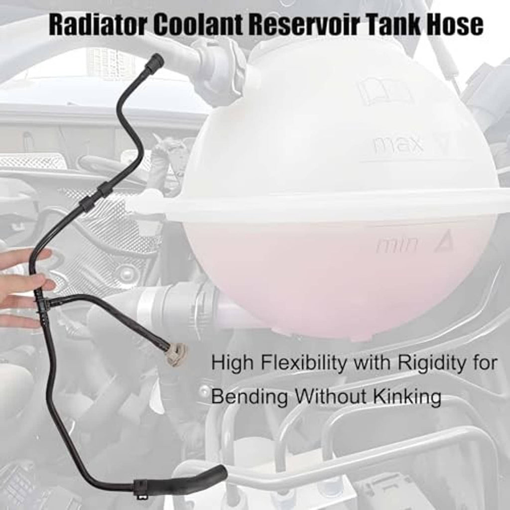 Radiator coolant reservoir tank with attached black hose and connectors