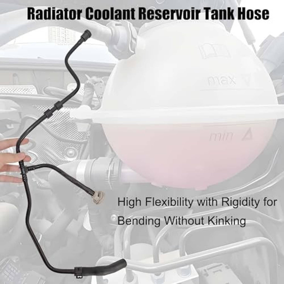Radiator coolant reservoir tank with attached black hose and connectors