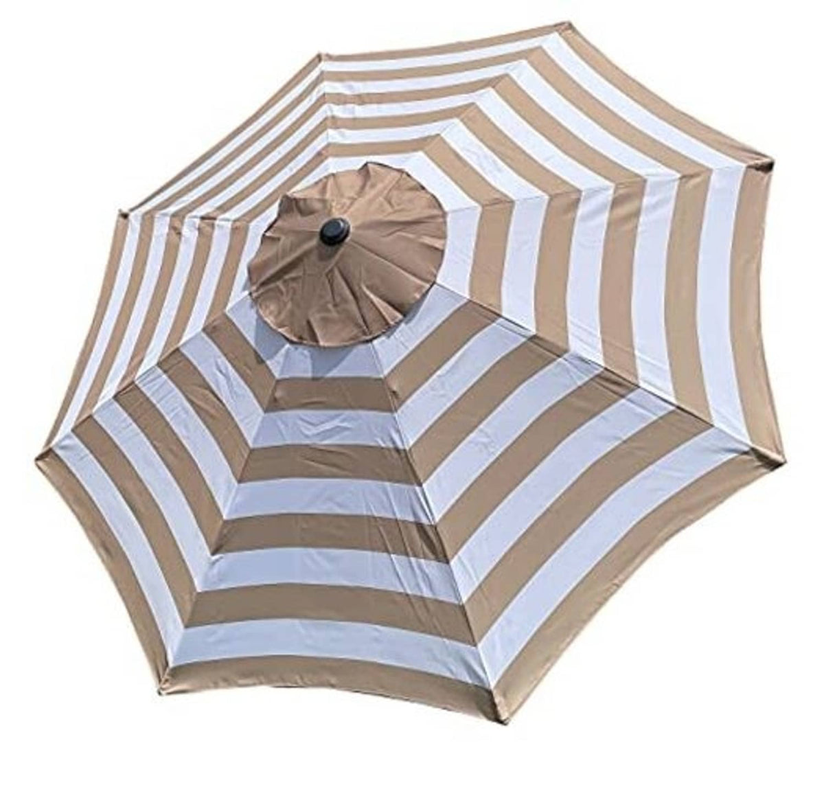 Patio umbrella replacement canopy, tan and white striped pattern with center round vent and knob