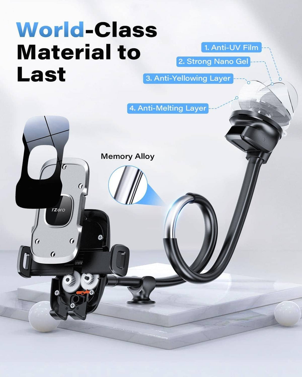 Black and silver phone mount with long flexible arm and adjustable locking clamp