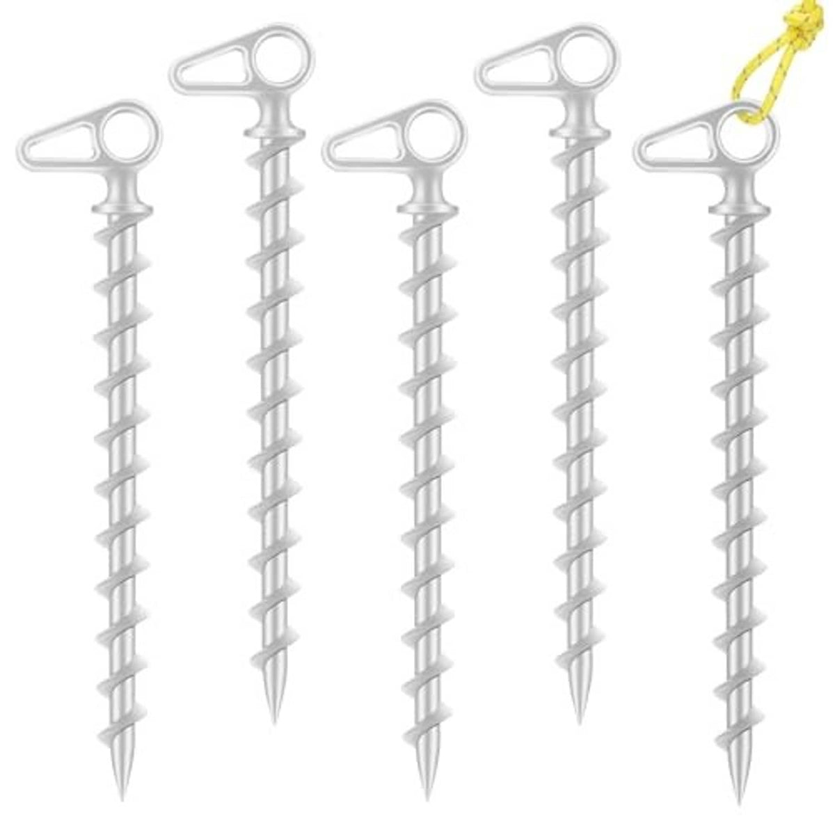 Set of five silver screw-in ground anchors with hanging cord for easy handling