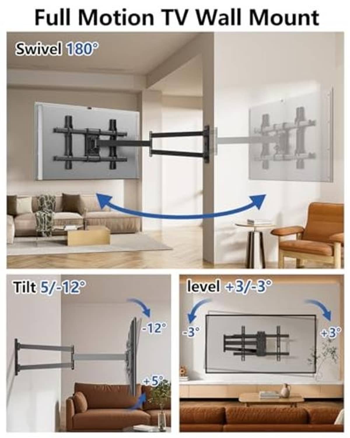 Full-motion TV wall mount with swivel and tilt arms extending from the wall