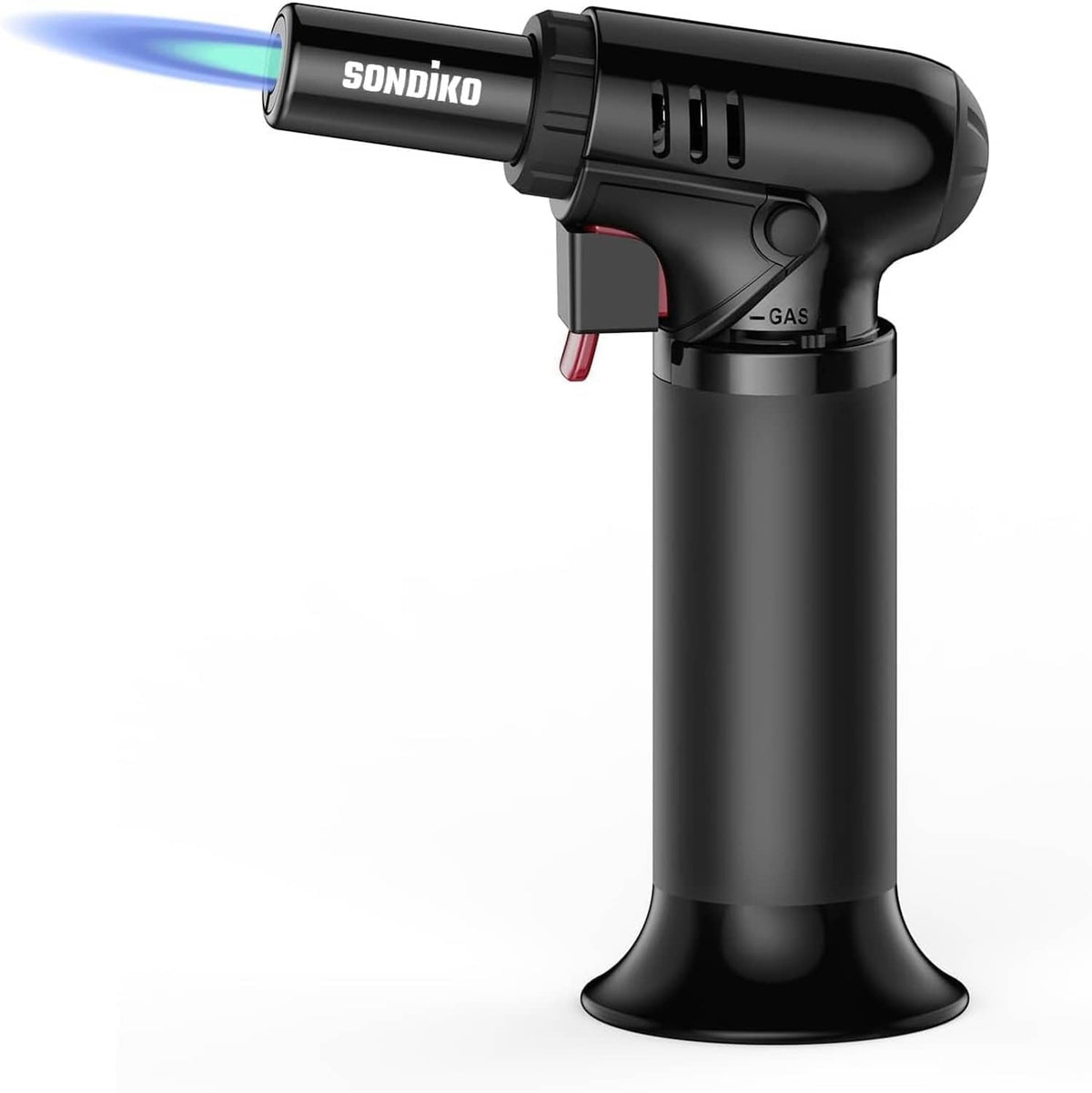 Refillable butane torch with blue flame and red trigger, black handheld design