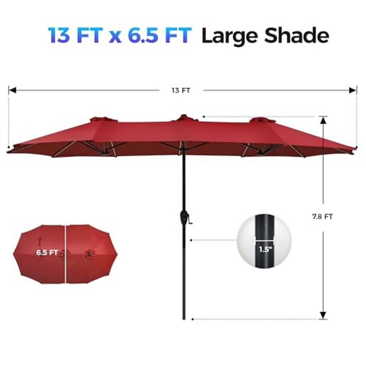 Burgundy patio umbrella size diagram: 13 ft x 6.5 ft shade, 7.8 ft height.