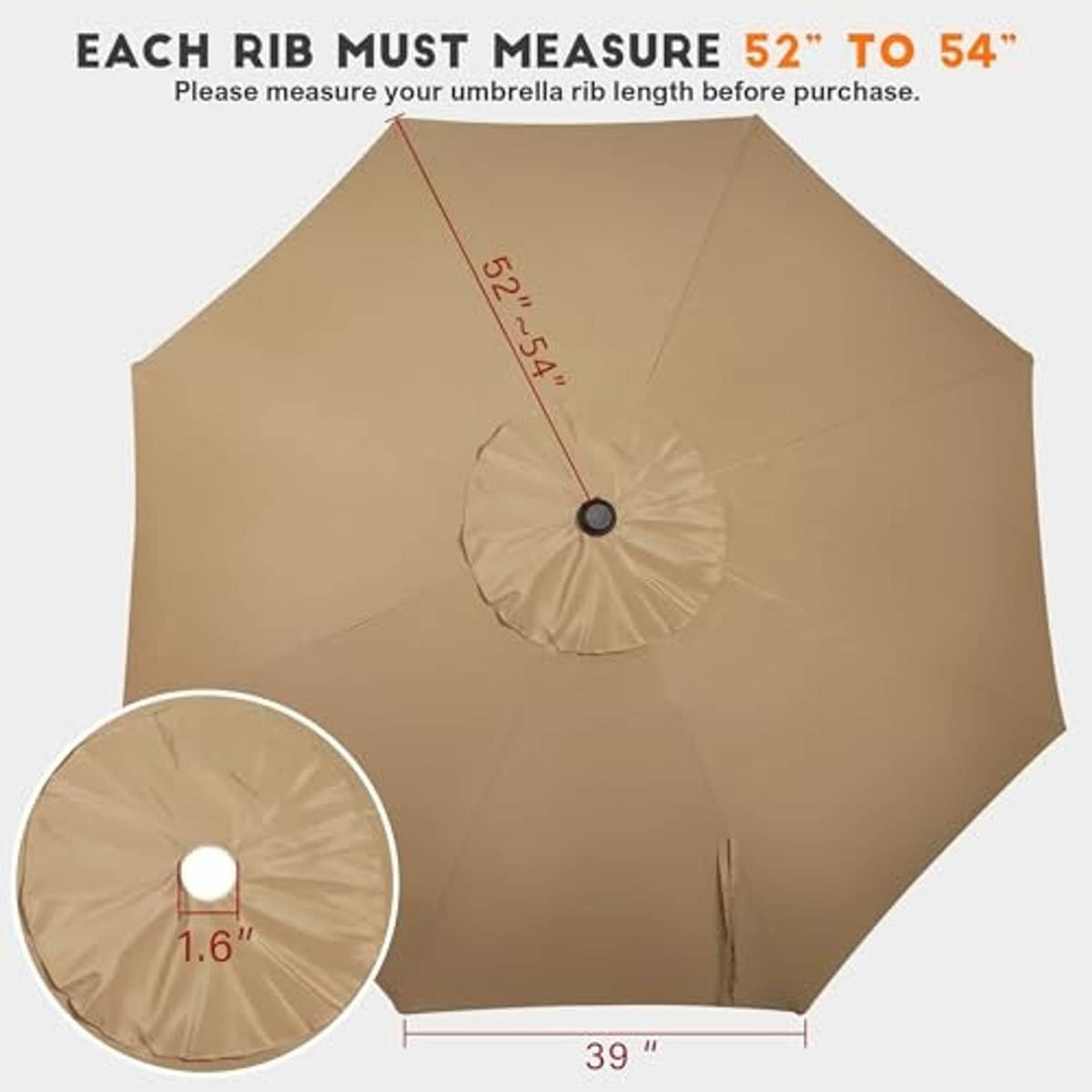 Tan umbrella replacement canopy with central hub, vertical seam, and circular underside pocket